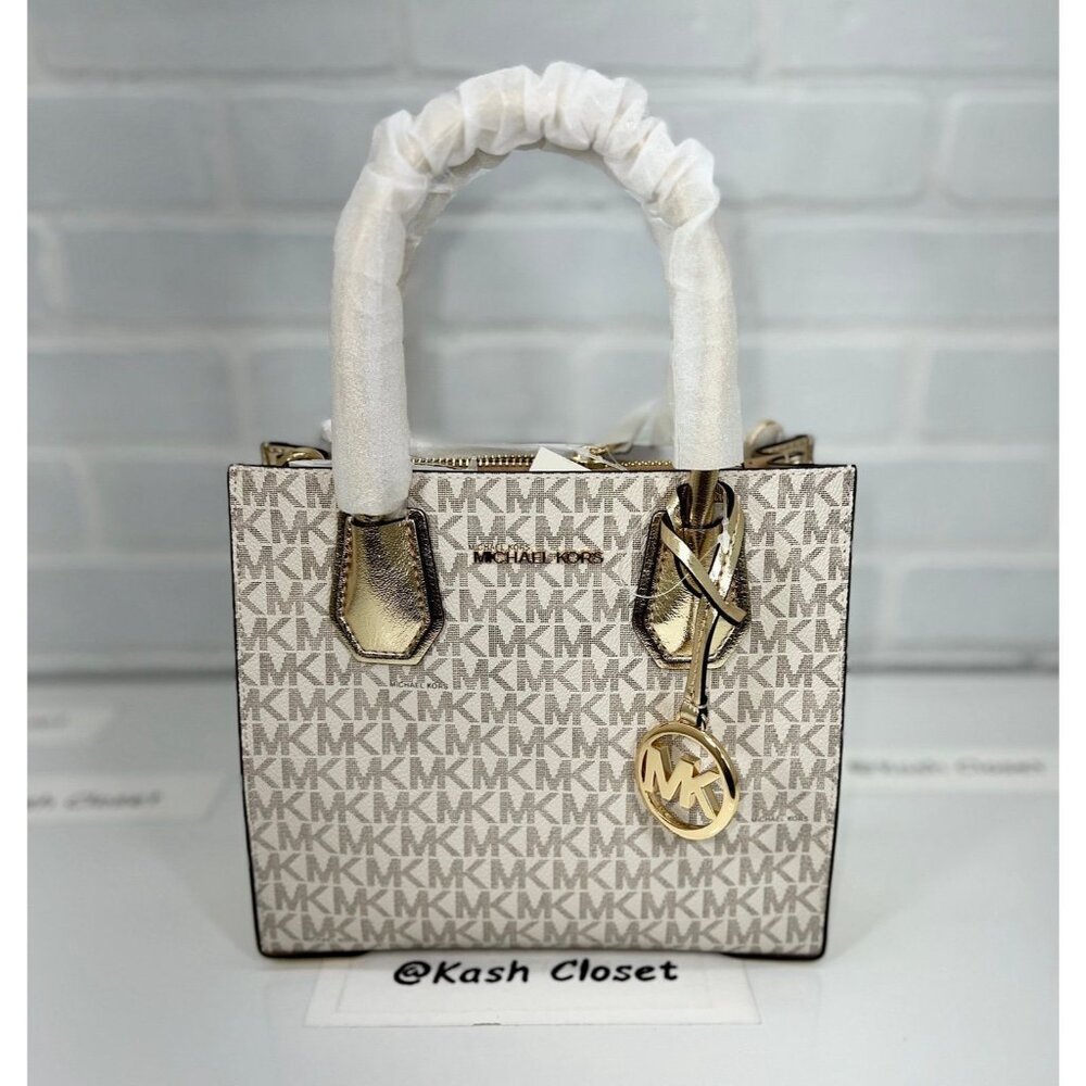 Michael Kors mercer medium signature logo metallic crossbody bag  pale gold